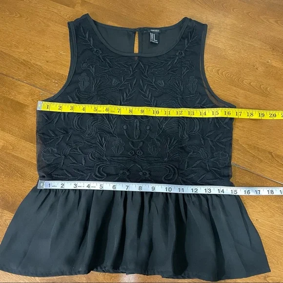 Forever 21 Black Sheer Mesh Embroidered Peplum Ruffle Sleeveless Blouse Top M - Picture 8 of 9